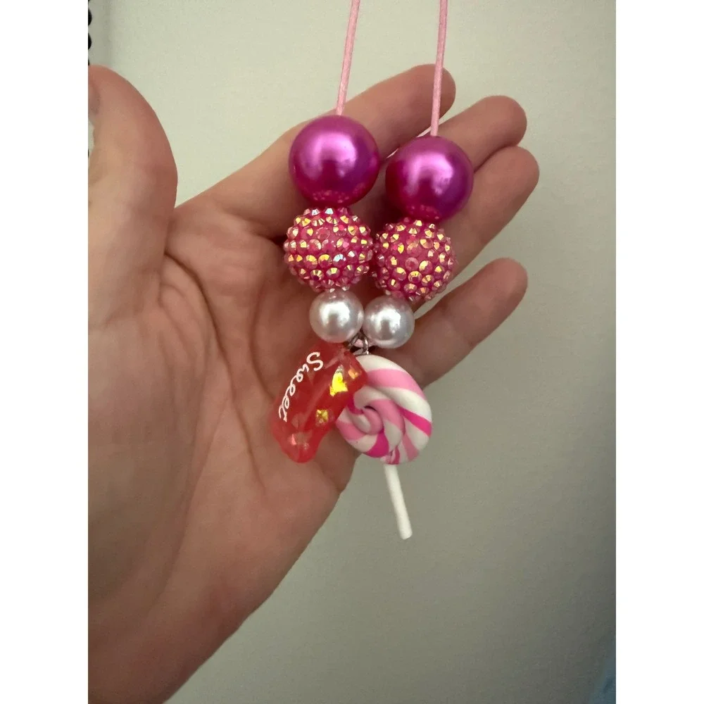 Handmade Pink Candy Charm Necklace Cute Beaded Lollipop Necklace Sweet Kawaii